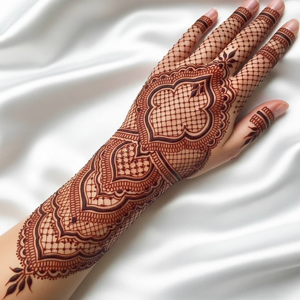 Intricate, full-hand lace gauntlet henna design extending up the forearm.
