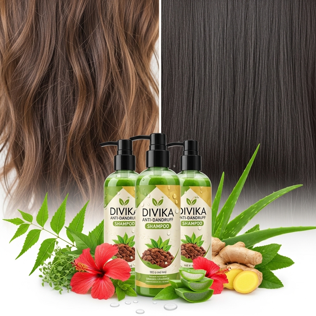 Comparison of damaged hair versus healthy shiny hair with herbal shampoo bottles and natural ingredients