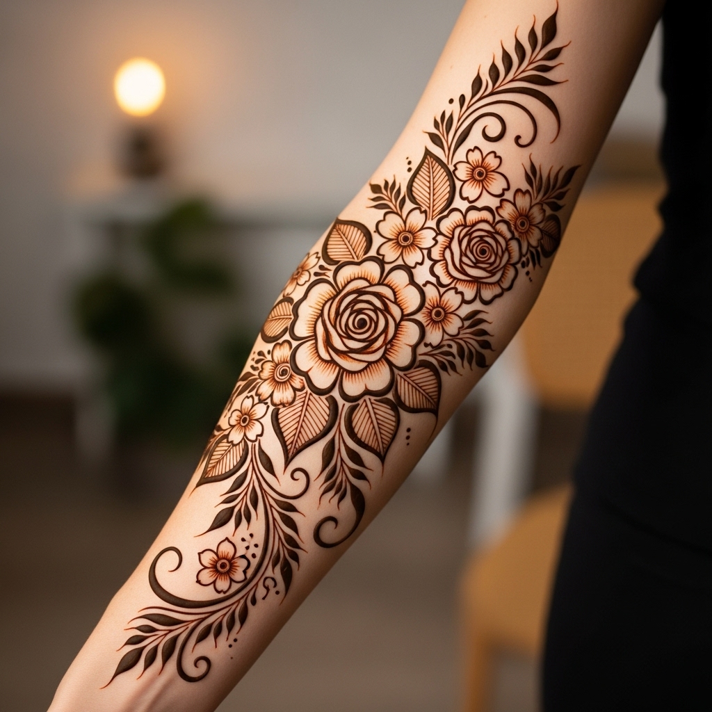 An elegant Arabic Henna design showing a delicate vine of bold flowers and leaves trailing diagonally from the wrist up the arm, leaving plenty of negative space.