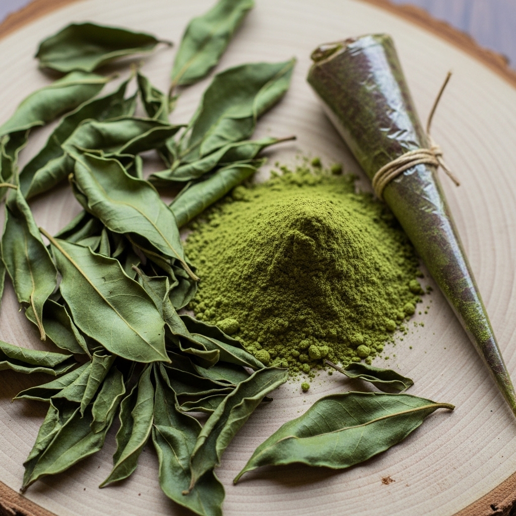 A close-up shot of dried henna leaves and finely ground henna powder, with a traditional henna cone lying nearby, highlighting the natural source of the dye.