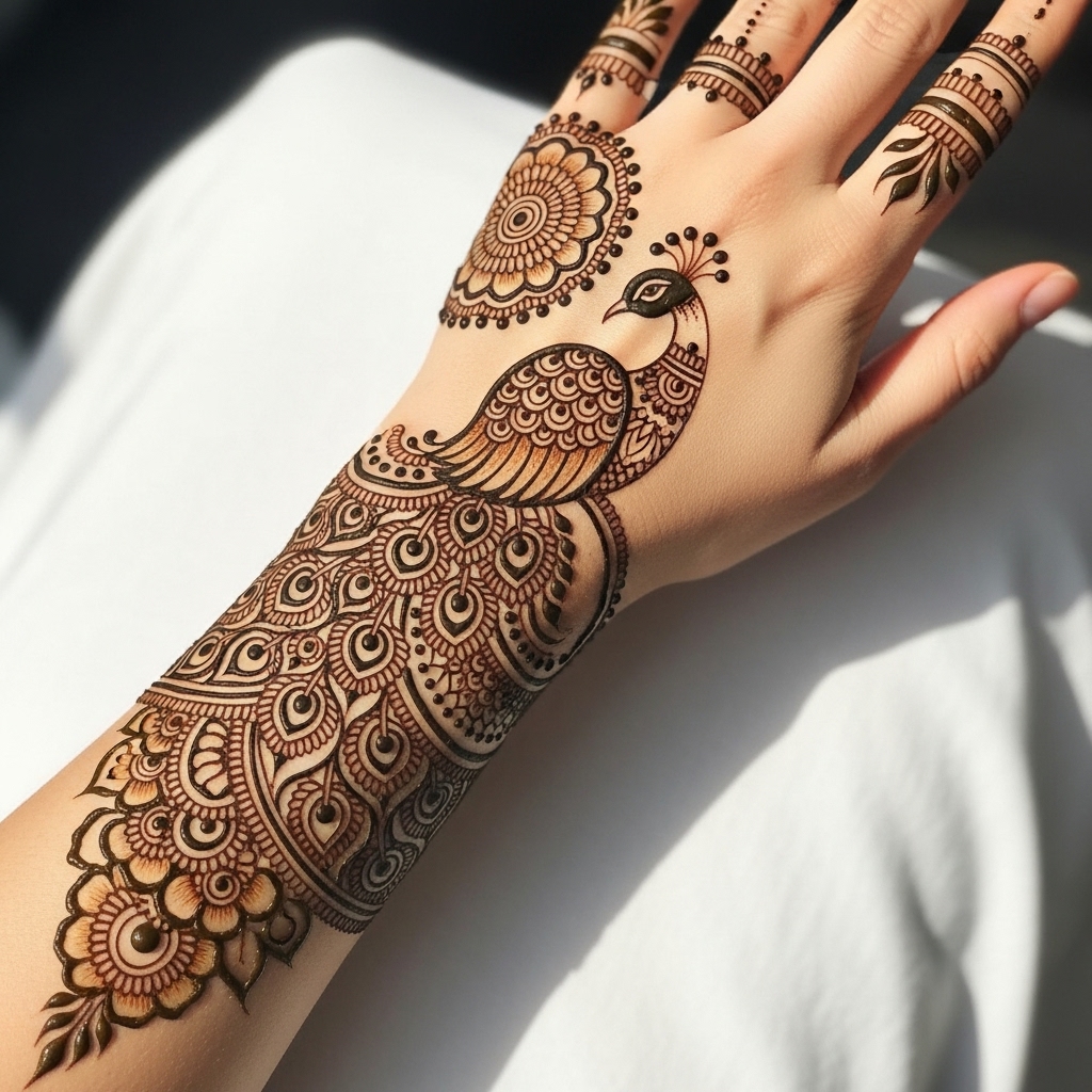A beautiful, intricate Henna design on a hand featuring a majestic peacock with its tail feathers spread wide, extending up the forearm.