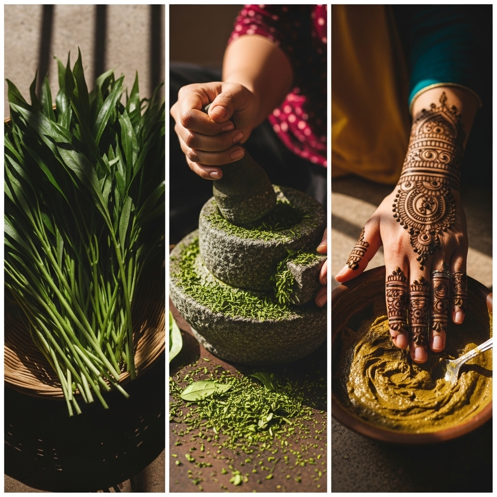 Process from fresh Sojat henna leaves to stone ground powder to final dark brown stain on skin