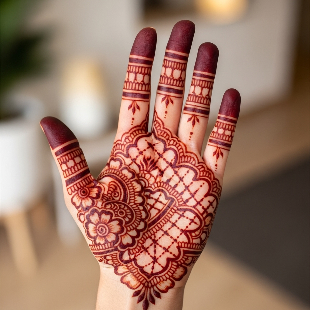 A person admiring their natural henna tattoo, showcasing a vibrant reddish-brown stain on their hand, emphasizing the beauty and safety.