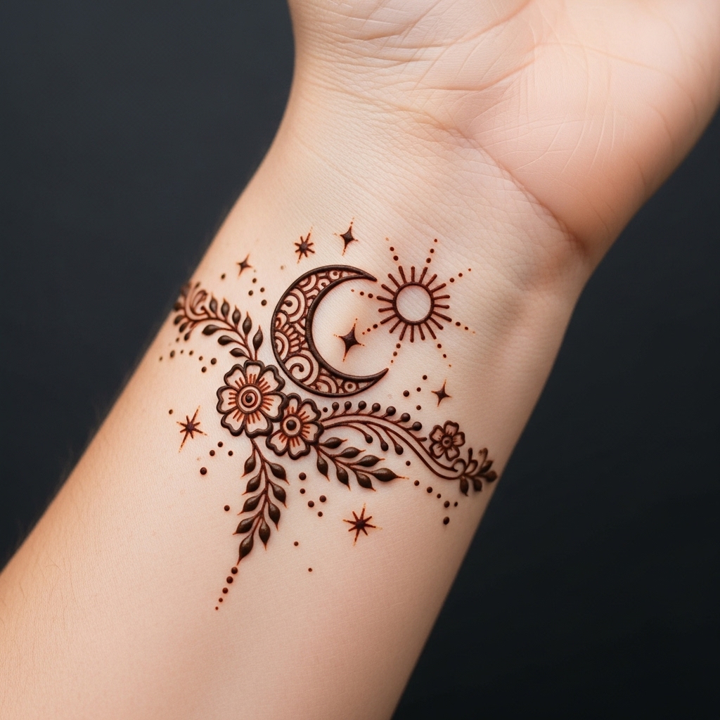 A simple, sophisticated Henna design on the wrist featuring a small, stylized crescent moon and sun surrounded by small dot and star accents.